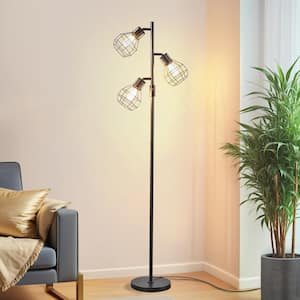 65 in. Black 3-Light Smart Dimmable Swing Arm Floor Lamp for Living Room with Elegant Cages