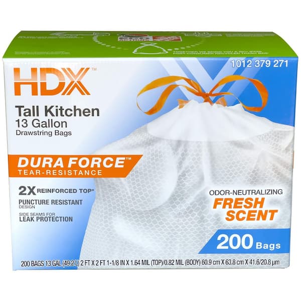 13 Gallon Reinforced Top Drawstring Fresh Scented Tall Kitchen Trash Bags with 20% PCR (200-Count)