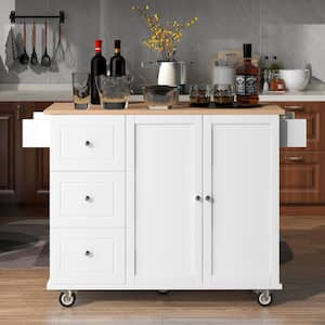 White Rolling Mobile Kitchen Island Cart with Solid Wood Top/Wheel/Spice Rack/Towel Rack Breakfast Bar Kitchen Cabinet