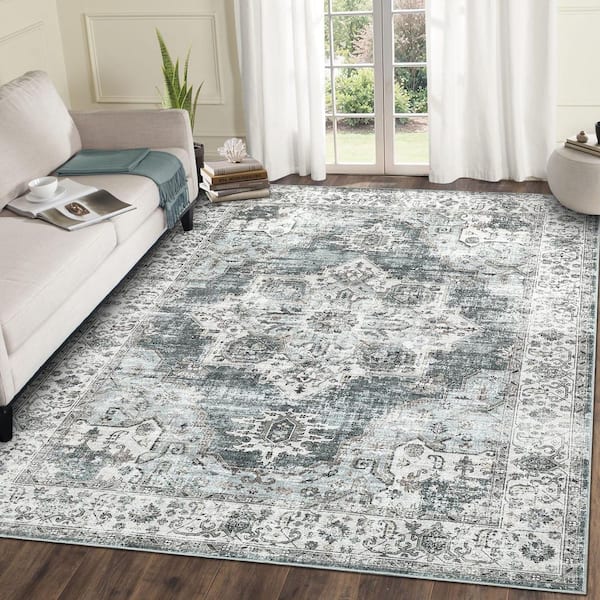 Ultra-Thin Washable Vintage Floral Rug Soft Non-Slip for Bedroom Living Room Office Green 5 ft. x 7 ft. Area Rug