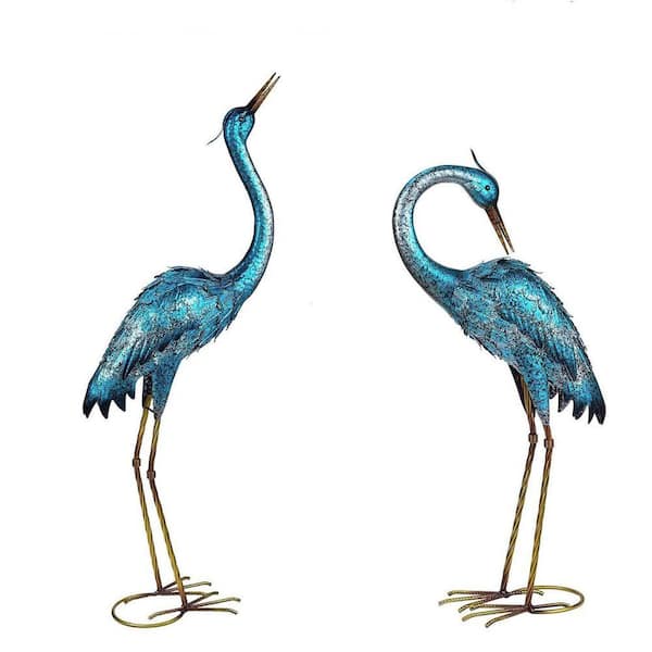 Large Metal Standing Blue Heron/Crane Statues (Set of 2) - Garden/Lawn/Patio Decor