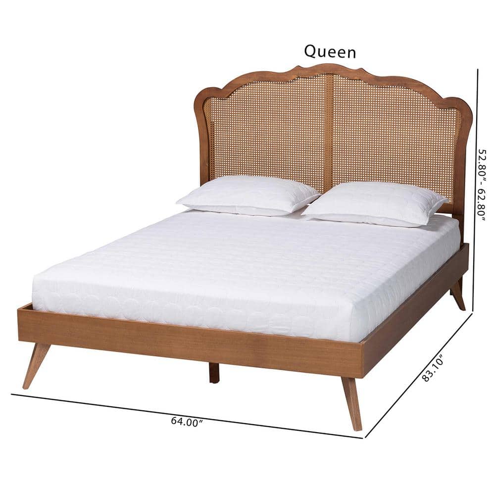 Walnut Brown Queen Wood Frame Platform Bed with Rattan Headboard
