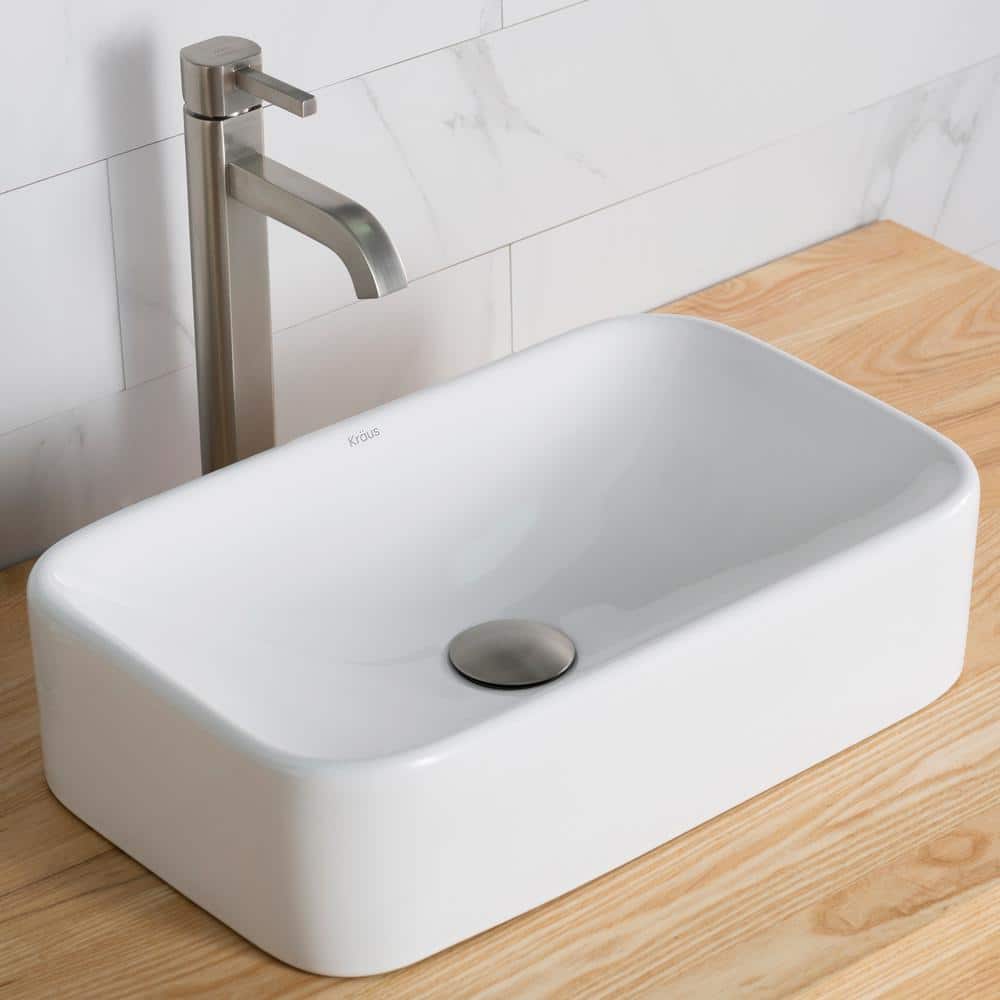 White Ceramic Rectangular Vessel Sink with Satin Nickel Faucet