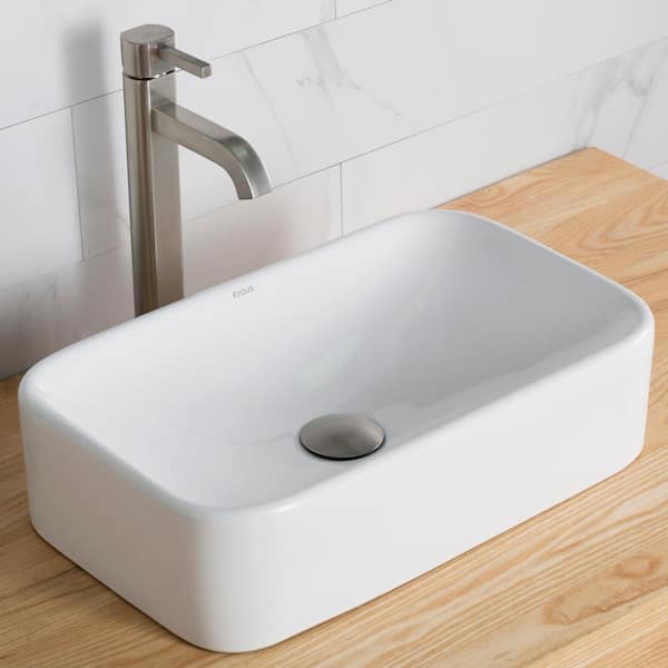 KRAUS White Porcelain Ceramic Rectangular Bathroom Vessel Sink