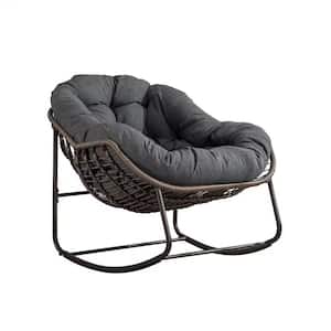Deluxe Oversized Wicker Rattan Padded Steel Frame Indoor and Outdoor Rocking Chair with Gray Cushion