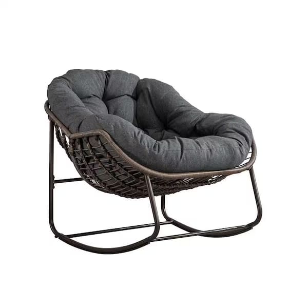 Unbranded Deluxe Oversized Wicker Rattan Padded Steel Frame Indoor and Outdoor Rocking Chair with Gray Cushion