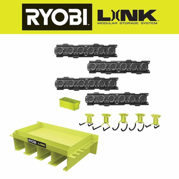 RYOBI LINK Tool Holding Shelf with Starter Kit, Wall Rails and Power Tool Hook (11-Piece)