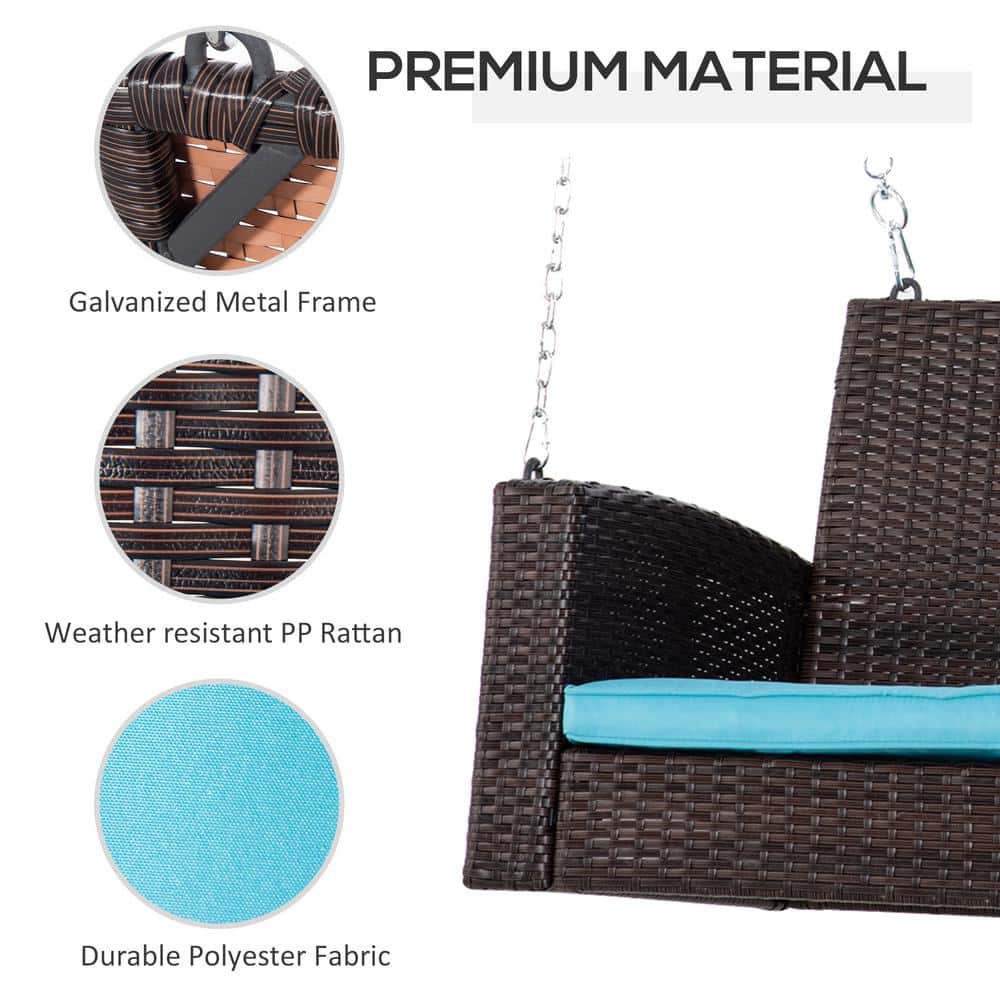 Sky Blue Cushioned 2-Person Wicker Hanging Porch Swing Bench