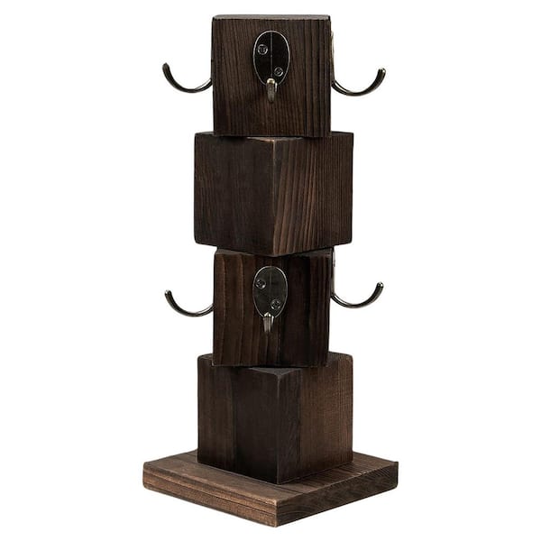 8-Hook Rustic Brown Mug Tree Wooden Coffee Cup Holder Stand Distressed Countertop Rack Farmhouse Style