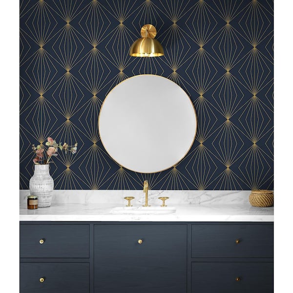 57.5 sq. ft. Dark Blue & Metallic Gold Gem Geometric Pre-Pasted Paper Wallpaper Roll
