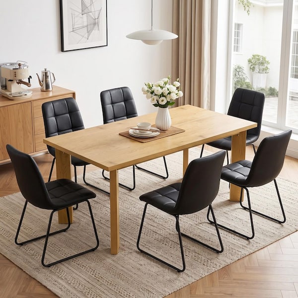 7-Pieces Modern Oak MDF Top Dining Table Set Seating 6 People with Leather Black Chairs