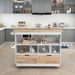 Large Storage Capacity White Kitchen Cart Rolling Mobile Kitchen Island Solid Wood Top with 2 Drawers, Tableware Cabinet