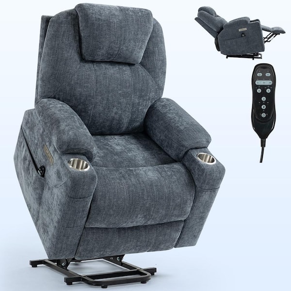 35.43 in. W Blue Chenille Power Lift Recliner Chair with Massage, Heating, USB and Type-C Ports and Cup Holders
