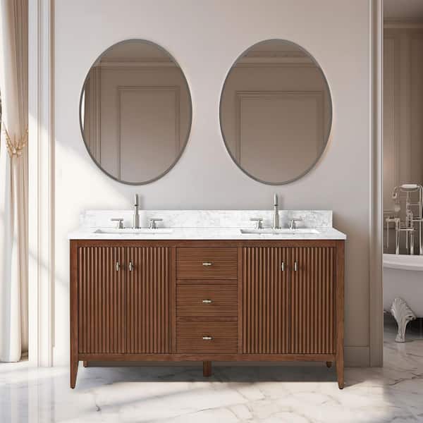 Vanity Art 60 in. W x 22 in D x 38 in. H Double Sink Bath Vanity Cabinet in Linear Walnut with White Engineered Marble Top