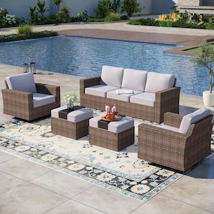 Brown Rattan Wicker 5-Piece Outdoor Patio Conversation Set with Swivel Rocking Chairs, Ottomans, and Light Gray Cushions