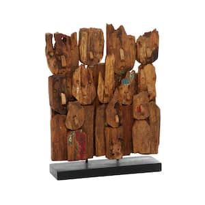 Brown Teak Wood Handmade Carved Abstract Sculpture with Faces