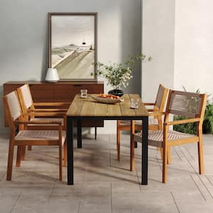 Lysandra 5-Piece Outdoor Patio Dining Set, Rope Weave Chairs, Metal Frame Table, Acacia Wood, Light Brown + Teak + Black