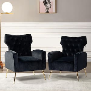 Brion Black Velvet Wingback Chair with Tufted Cushions (Set of 2)