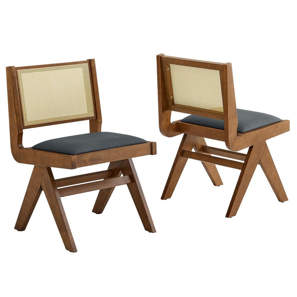 Walnut Black Low Rattan Cane Side Chair with Faux Leather Seat