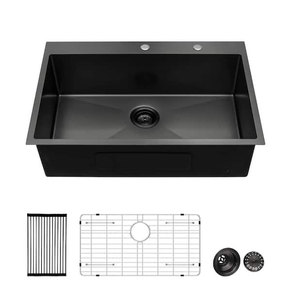 28 in. Drop In Single Bowl 16-Gauge Black Stainless Steel Kitchen Sink with Drain