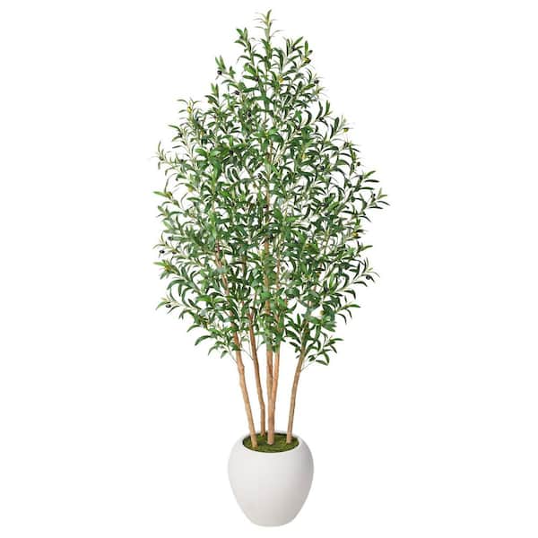 Artificial 7 ft. Olive Tree with White Planter with Natural Wood Trunk Faux Olive Trees for Indoor outdoor Home Decor
