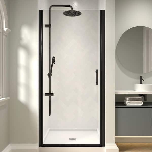 Modern 34 to 35-3/8 in. W x 72 in. H Pivot Frameless Shower Door in Matte Black Finish with 1/4 in. (6mm) Clear Glass