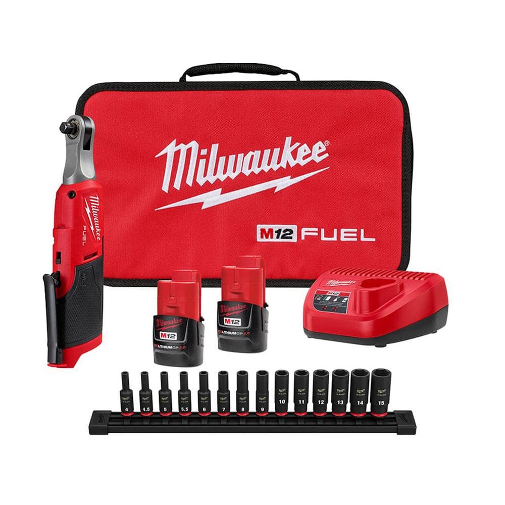 Milwaukee M12 FUEL 12V Cordless High Speed 3/8 in. Ratchet Kit with 1/4 in. Drive Metric Deep Well Impact Socket Set(14-Piece)