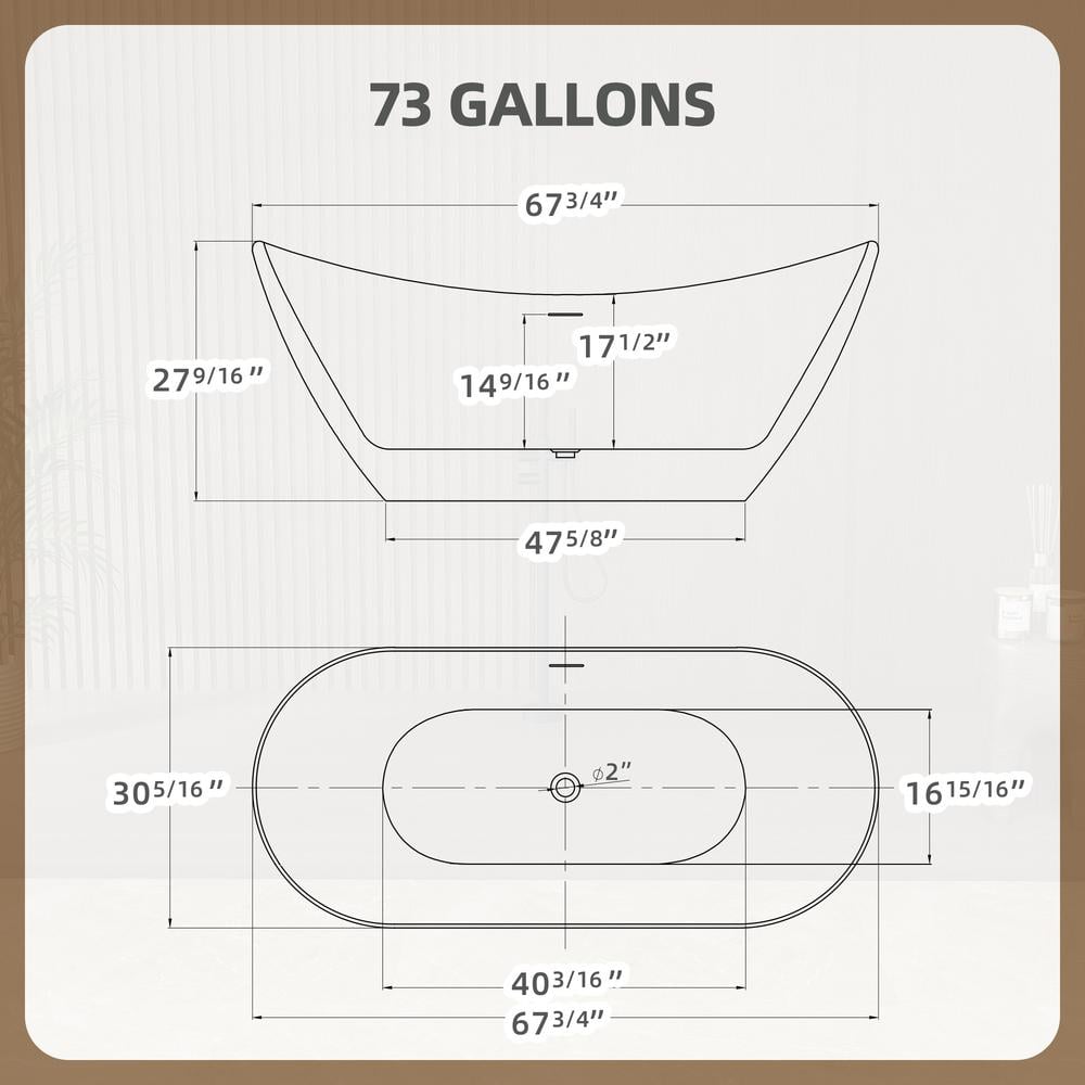 68'' White Acrylic Freestanding Double Slipper Soaking Tub