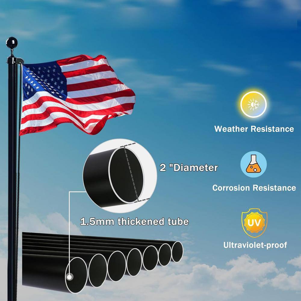 20FT Black Heavy Duty Aluminum Sectional Flagpole Kit with Golden Ball Topper