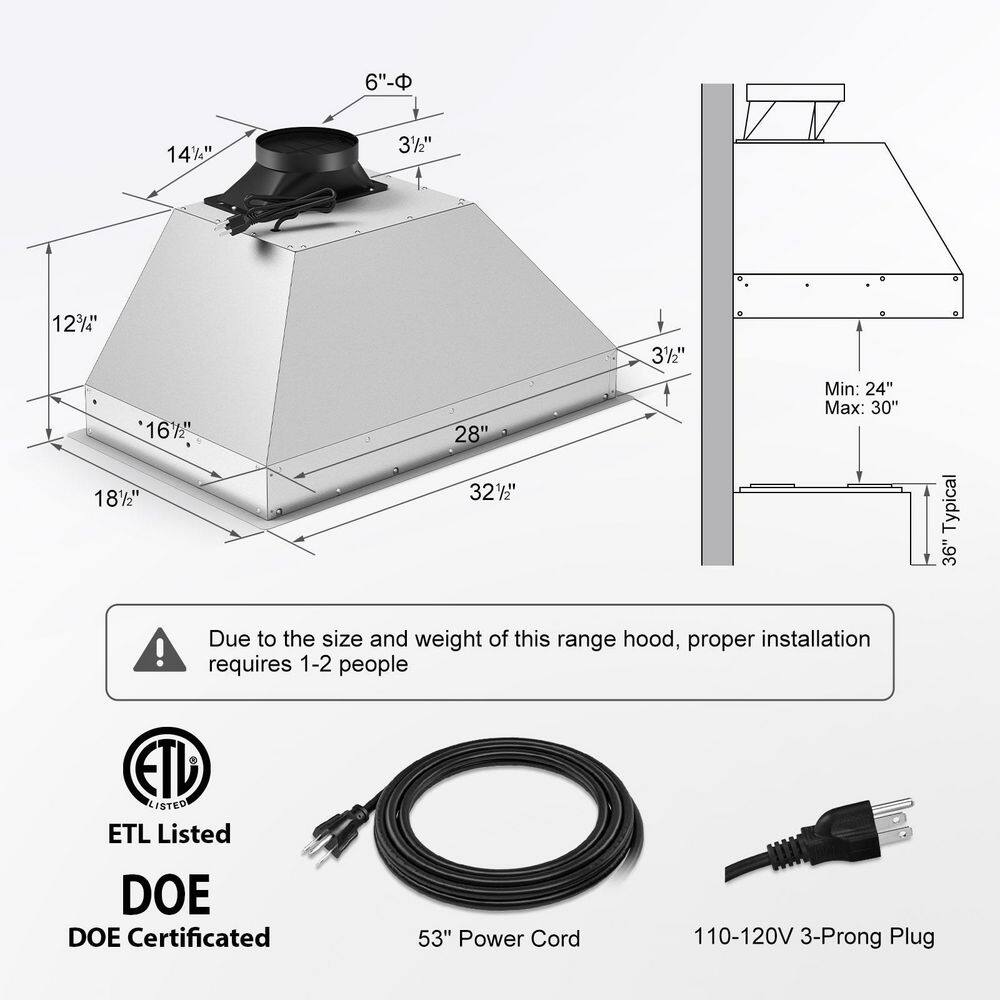30" Stainless Steel Convertible Insert Range Hood with Charcoal Filter and LED Lights