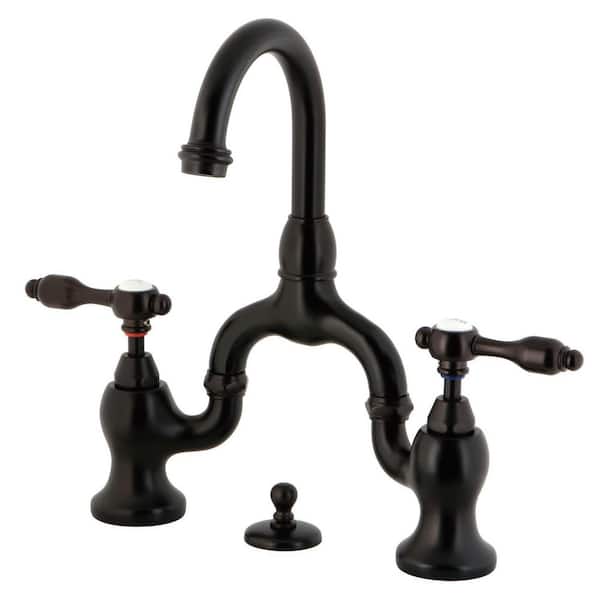 Kingston Brass Tudor 2-Handle High Arc 8 in. Bridge Bathroom Faucets with Brass Pop-Up in Oil Rubbed Bronze