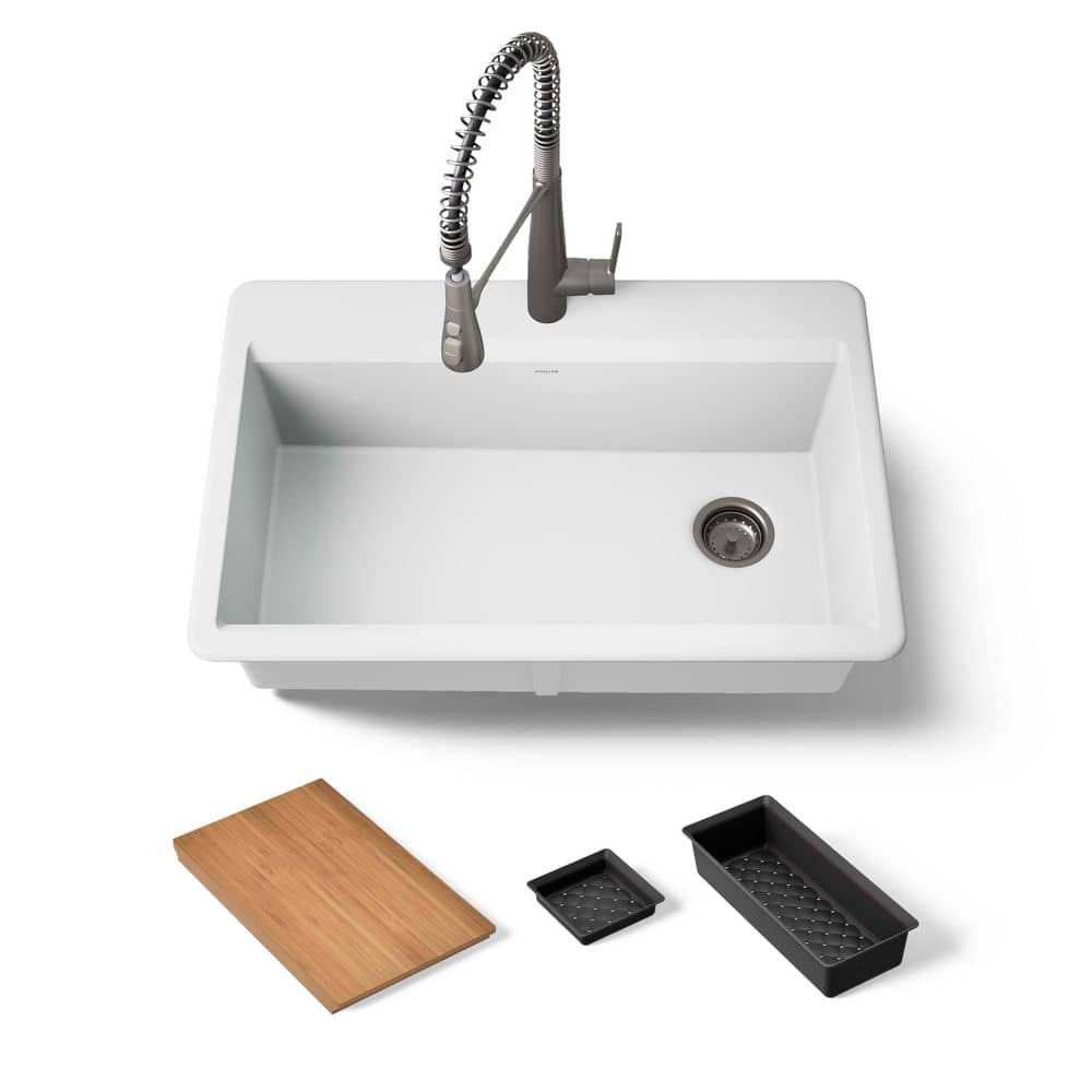 Lassen 33 in. Drop-in Single Bowl Granite Composite Kitchen Workstation Sink in Matte White with Faucet price history on PriceWatchPro
