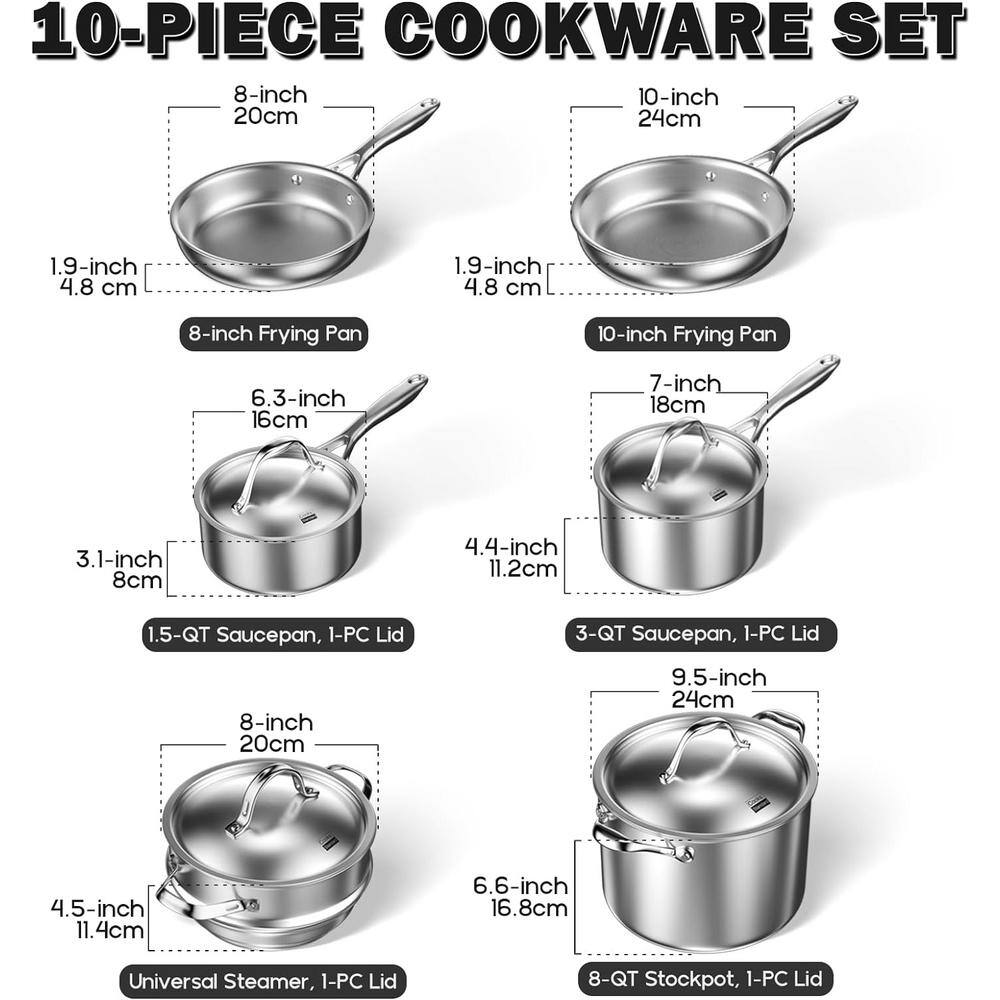 Stainless Steel 10-Piece Tri-Ply Clad Cookware Set