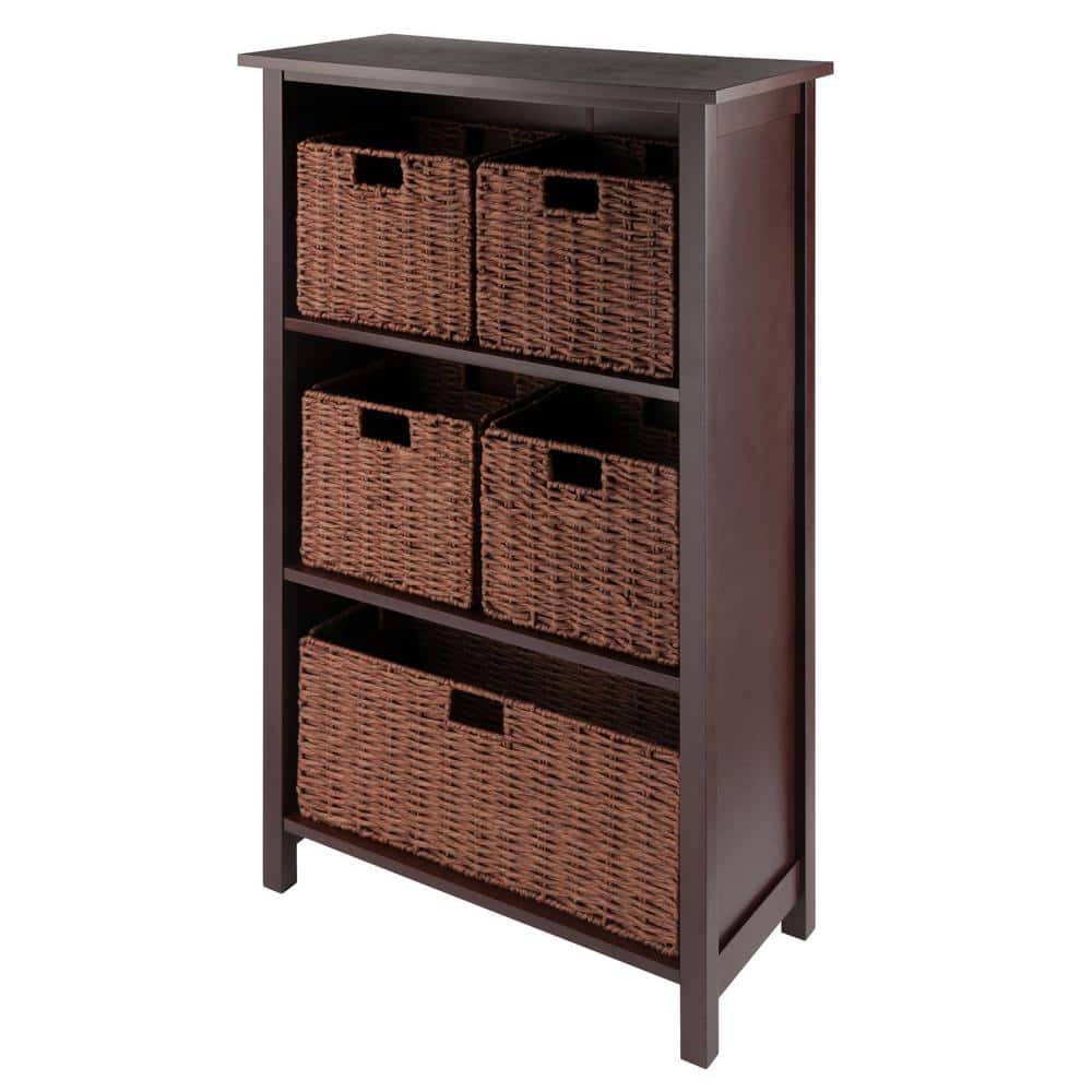 Milan 43 in. Walnut 5-Tier Shelf Storage Bookcase with Baskets
