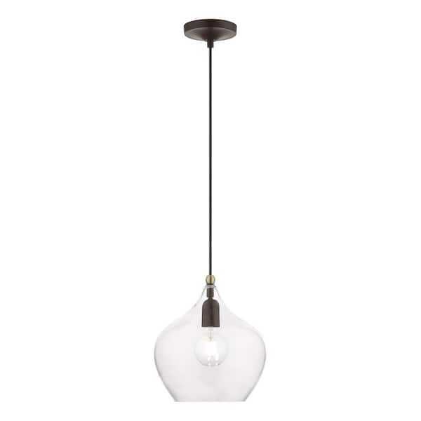 Livex Lighting Aldrich 1-Light Bronze Pendant with Antique Brass Accent and Clear Glass Shade