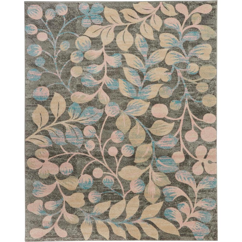 Grey and Beige Floral Synthetic 8' x 10' Area Rug