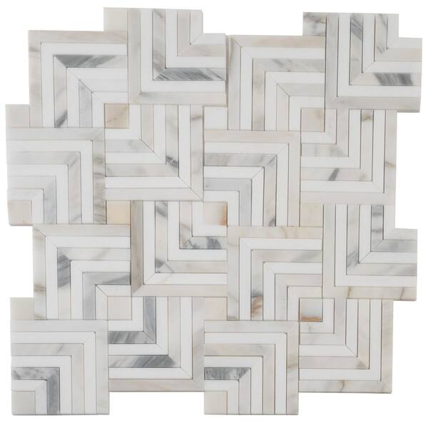 Serena 10 in. x 10 in. Polished White Gray Calacatta Gold, Thassos Chevron Mosaic Tile (3.47 sq ft/case)-5 Pack