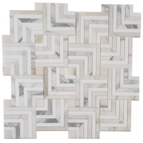 Serena 4 in. x 4 in. Polished White Gray Calacatta Gold, Thassos Marble Mosaic Wall and Floor Tile Sample (0.14 sq. ft.)