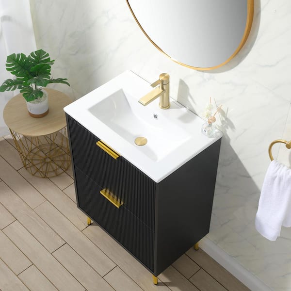 24 in. W x 16 in. D x 34 in. H Freestanding Black Bath Vanity with White Ceramic Sink Top with single Sink Unassembled