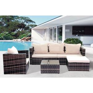 Outdoor Brown 4-Piece Wicker Patio Conversation Set with Light Brown Cushions