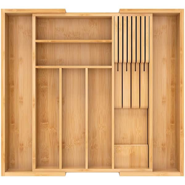 Bamboo Drawer Organizer with Removable Knife Block for Silverware, Utensils, Flatware, Tableware in Kitchen, Natural