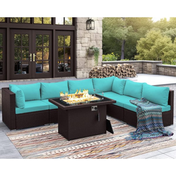 Unbranded High Back Brown 7-Piece Wicker Patio Conversation Sectional Deep Seating Set with Fire Pit Table and Teal Cushions
