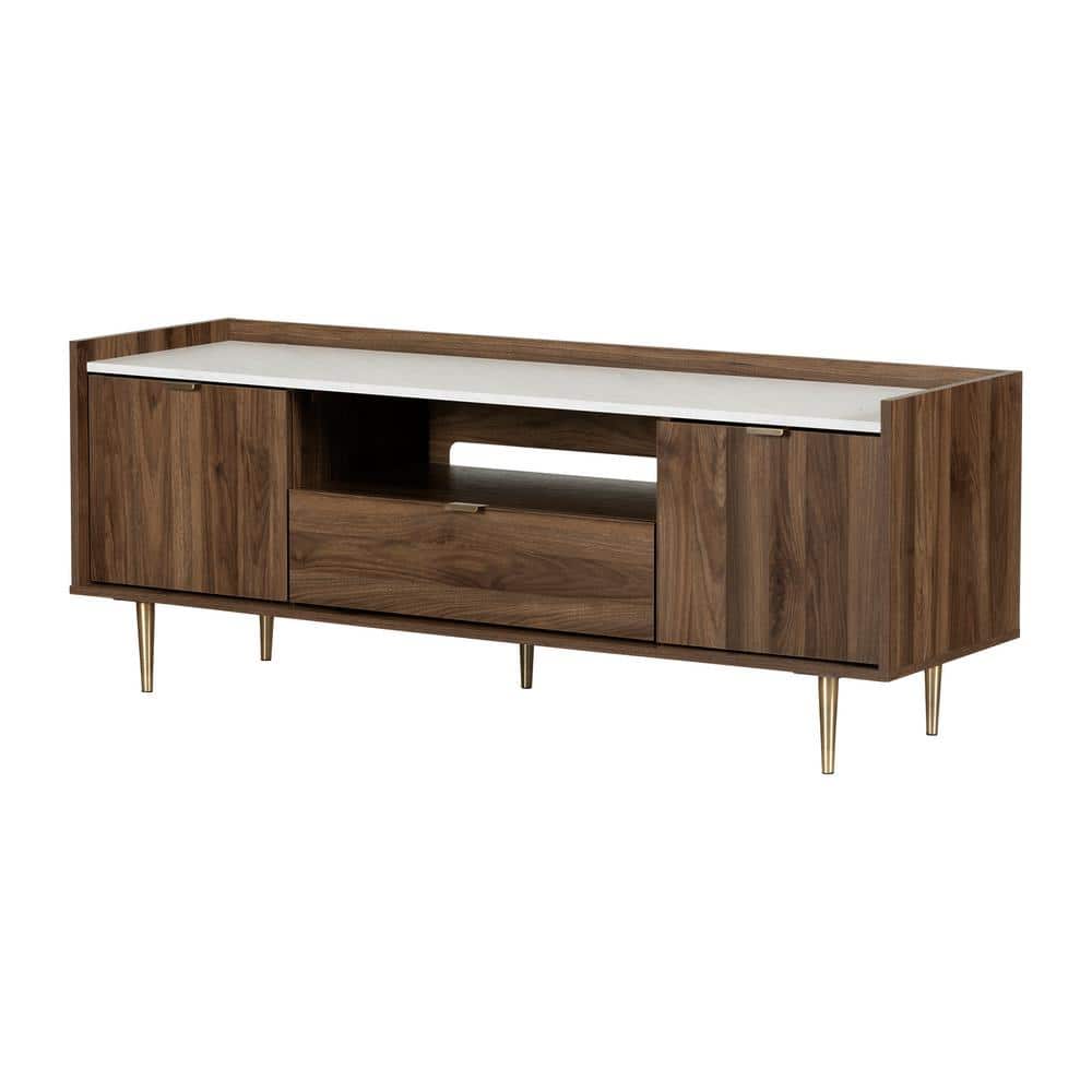 Natural Walnut and Faux Carrara Marble TV Stand with Cabinet