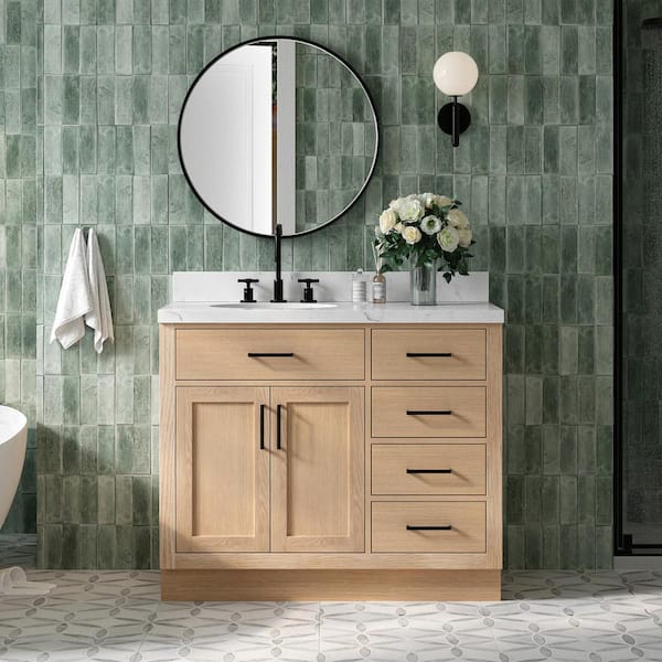Hepburn 42 in. W x 22 in. D x 36 in. H Single Freestanding Bath Vanity in Oak with Carrara White Quartz Top