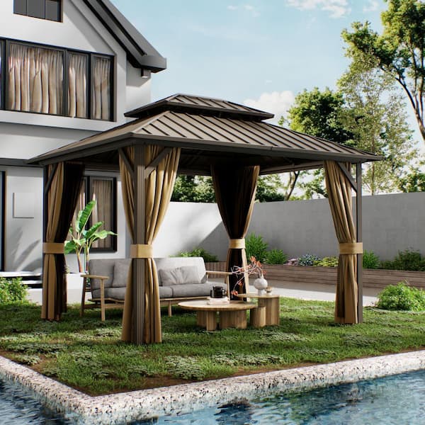 10 ft. x 12 ft. Double Galvanized Steel Roof Aluminum Frame Outdoor Patio Hardtop Gazebo with Netting and Curtains