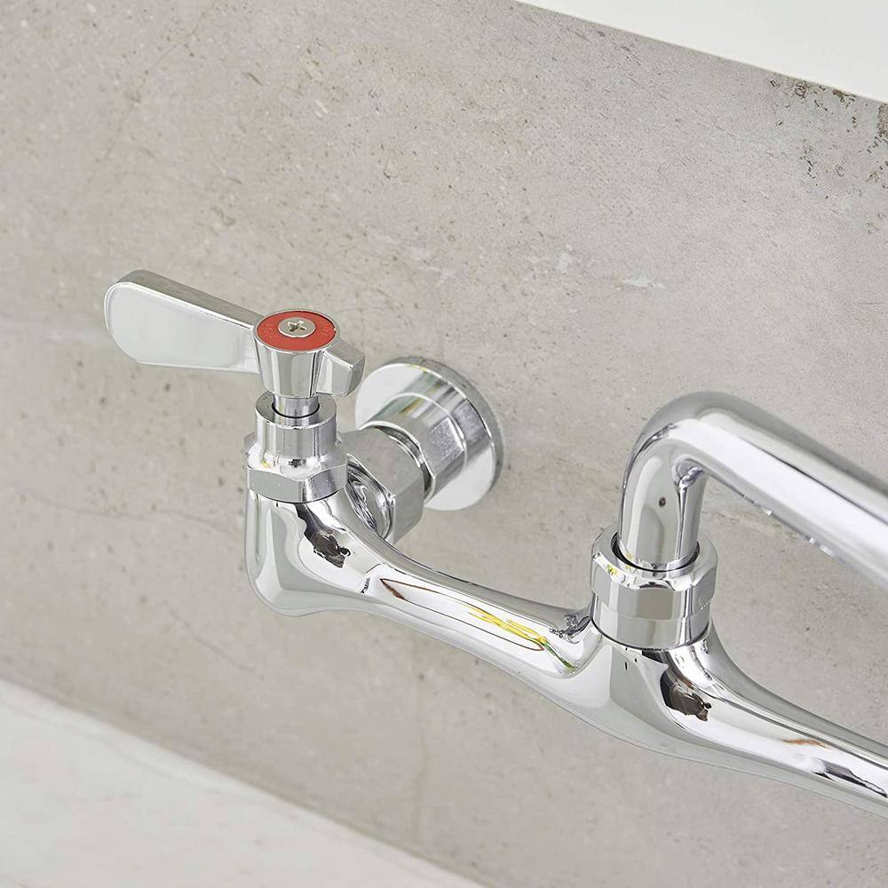 Polished Chrome Double Handle Wall Mount Kitchen Faucet with 12 Inch Swivel Spout