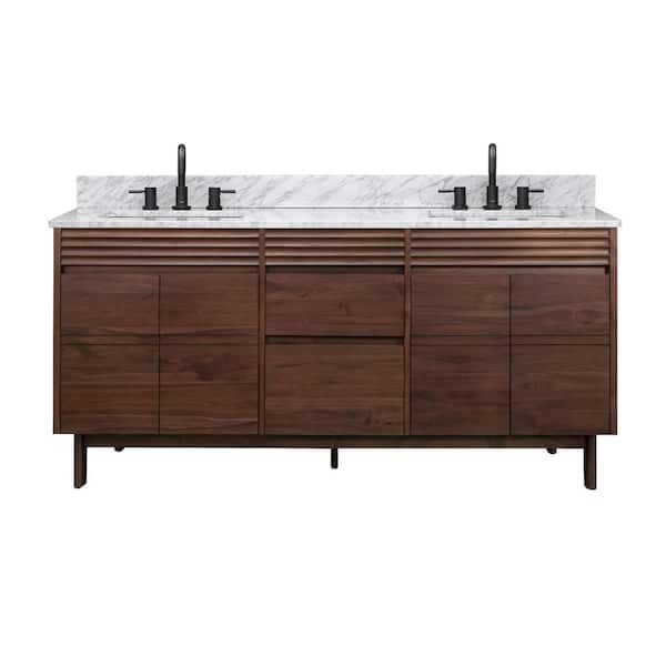 Carina 73 in. Double Sink Coffee Teak Bath Vanity with Carrara White Marble Top