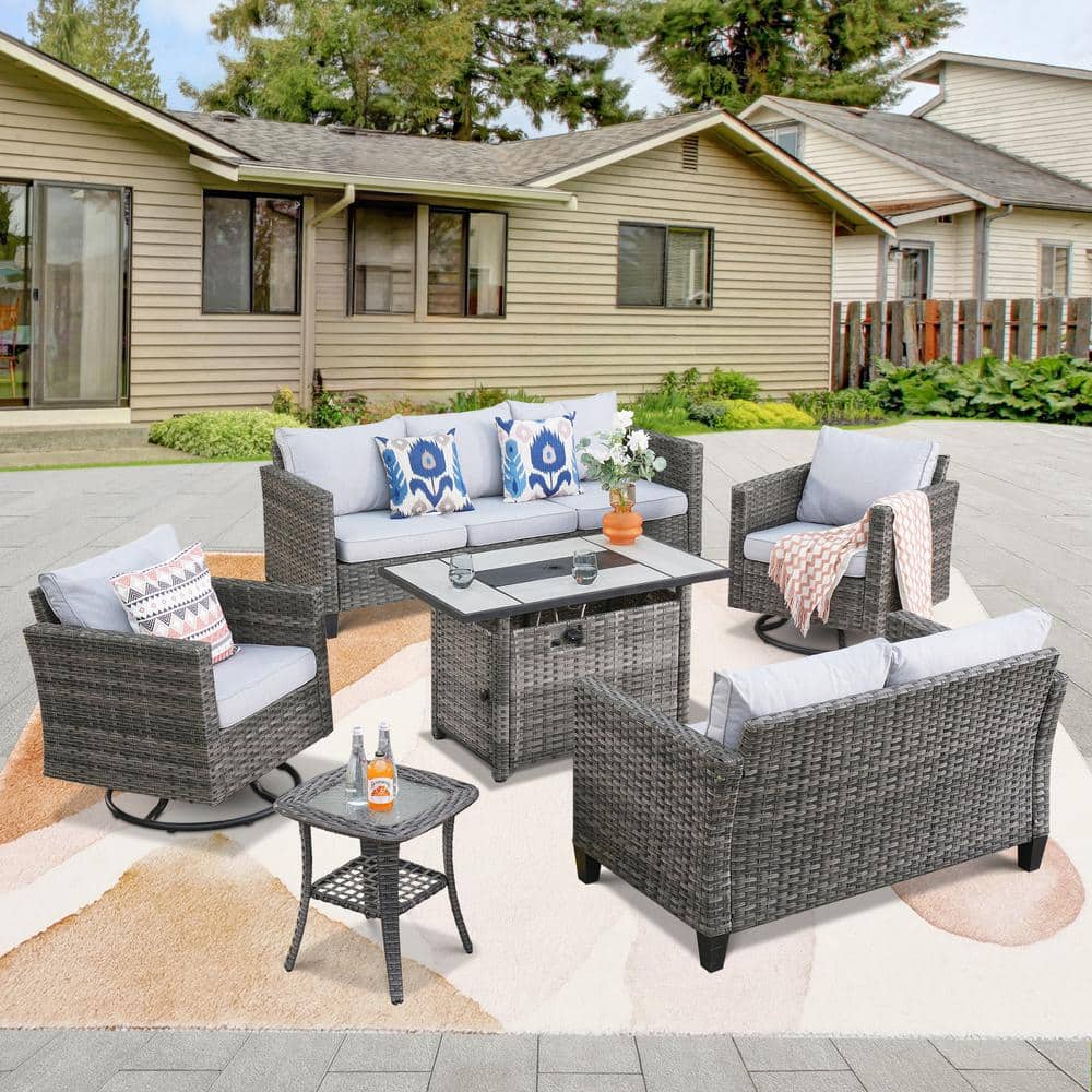 Hyperion 6-Pcs Wicker Patio Rectangular Fire Pit Set and with Gray Cushions and Swivel Rocking Chairs price history on PriceWatchPro