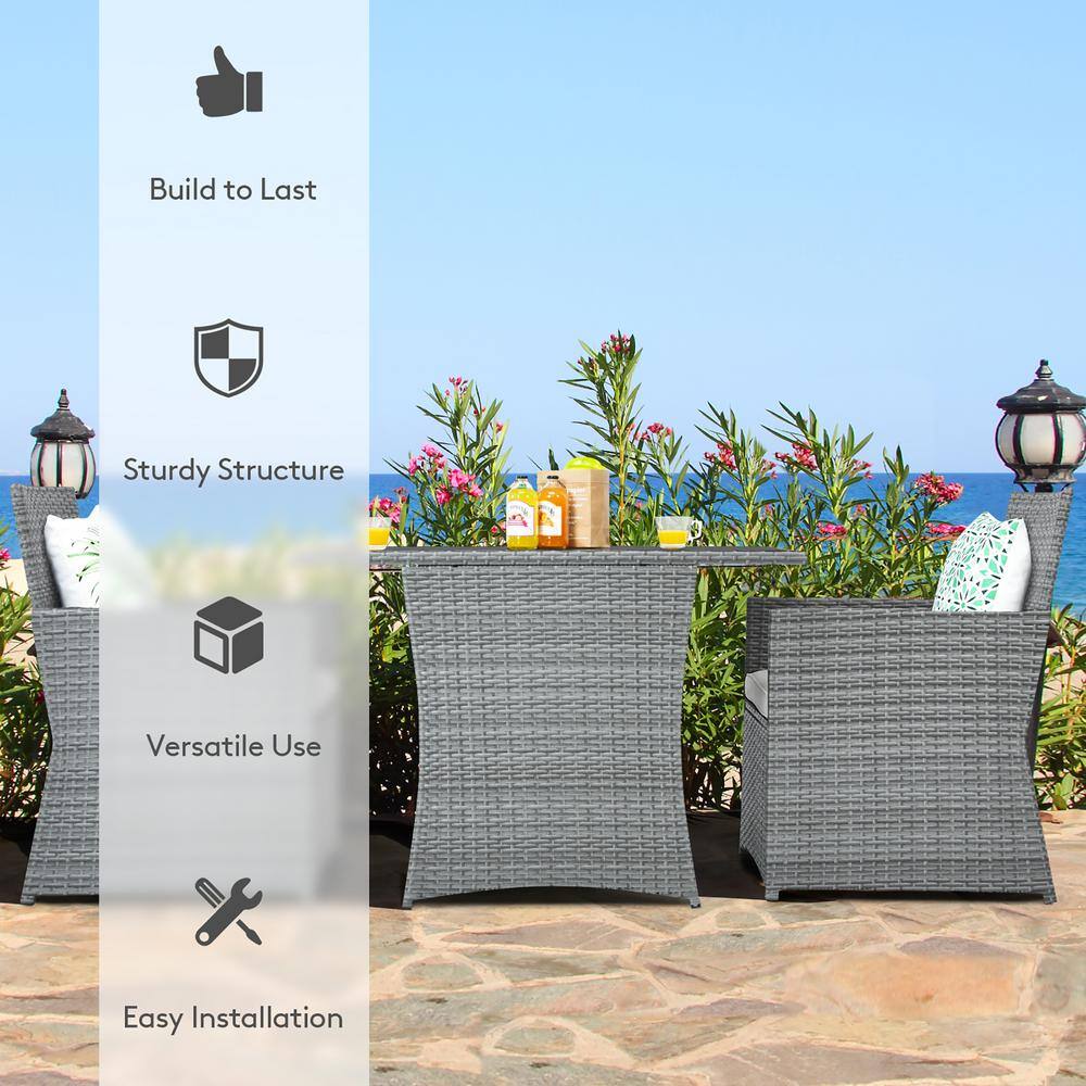 Gray Wicker 3-Piece Patio Set with White Cushions