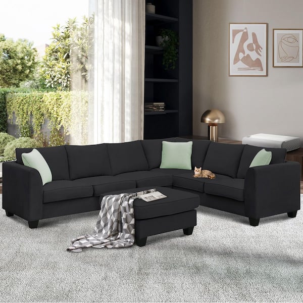 112 in. Fabric Sectional Sofa with Ottoman and 3-Pillows in Black